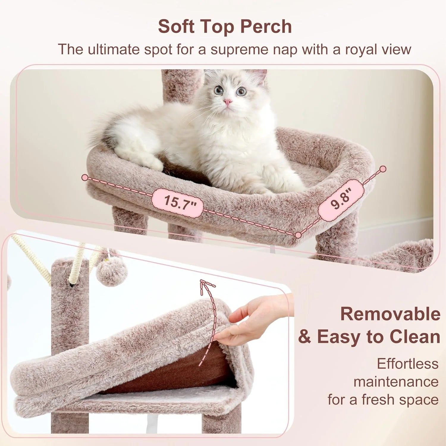 Cat Tree, 45.3-Inch Cat Tower for Indoor Cats with Large Perch, All-In-One Cat Furniture with Cozy Bed, Hidden Space Cat Condo, Comfy Hammock, Scratching Posts & 3 Pompoms, Muchroom