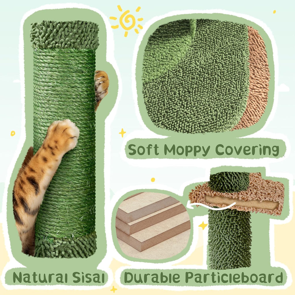 Cactus Cat Tree, 66?H Cat Tower for Indoor Cats, Multi-Level Cat Tree with Large Condos & Ramp, Pet Play House with Padded Perch, Platforms, Basket & Hanging Ball, Green/Brown
