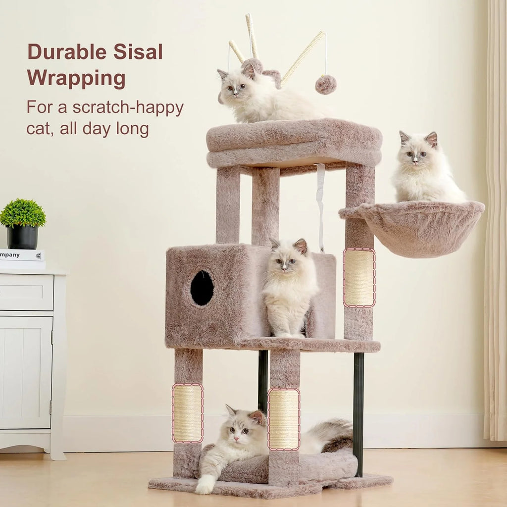 Cat Tree, 45.3-Inch Cat Tower for Indoor Cats with Large Perch, All-In-One Cat Furniture with Cozy Bed, Hidden Space Cat Condo, Comfy Hammock, Scratching Posts & 3 Pompoms, Muchroom