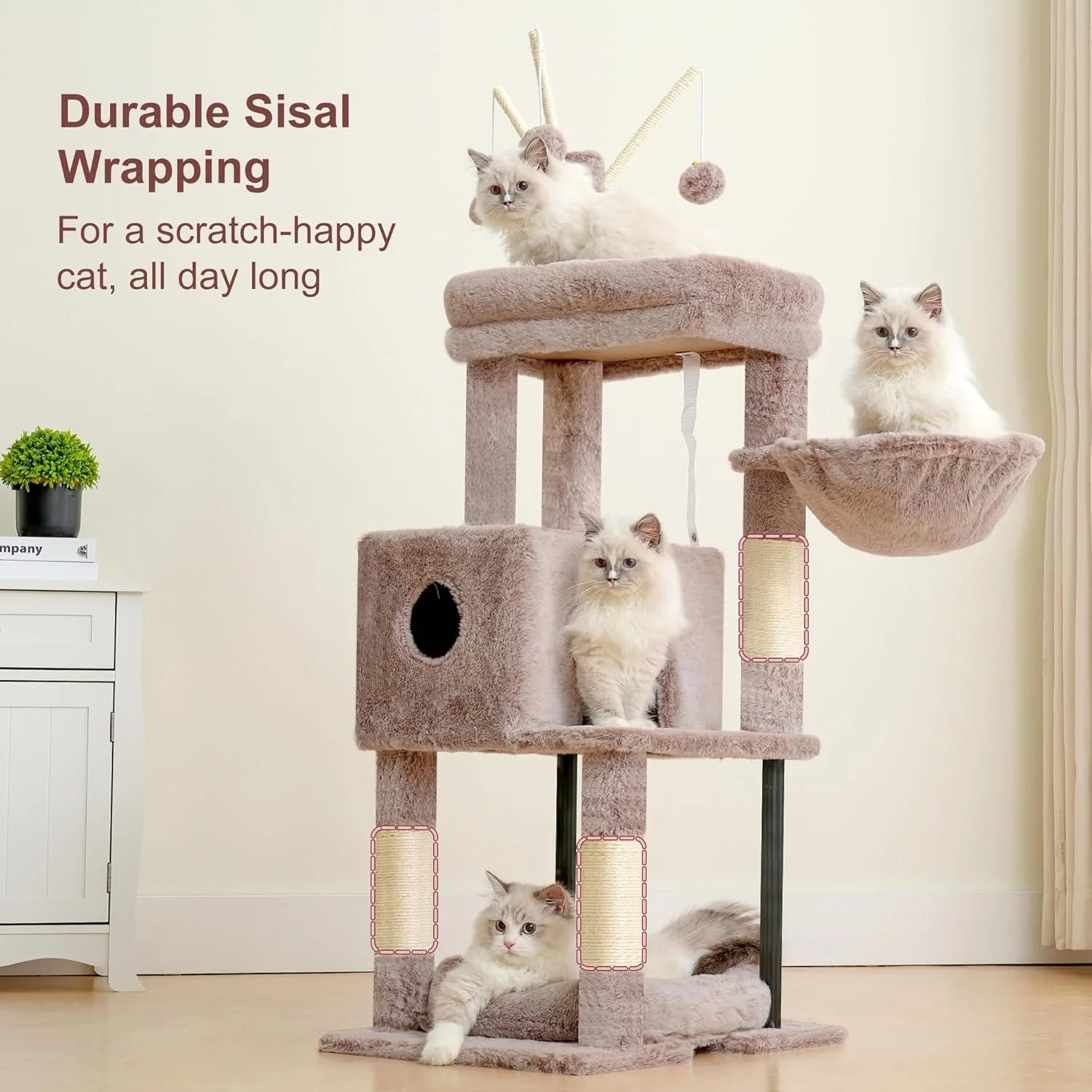 Cat Tree, 45.3-Inch Cat Tower for Indoor Cats with Large Perch, All-In-One Cat Furniture with Cozy Bed, Hidden Space Cat Condo, Comfy Hammock, Scratching Posts & 3 Pompoms, Muchroom