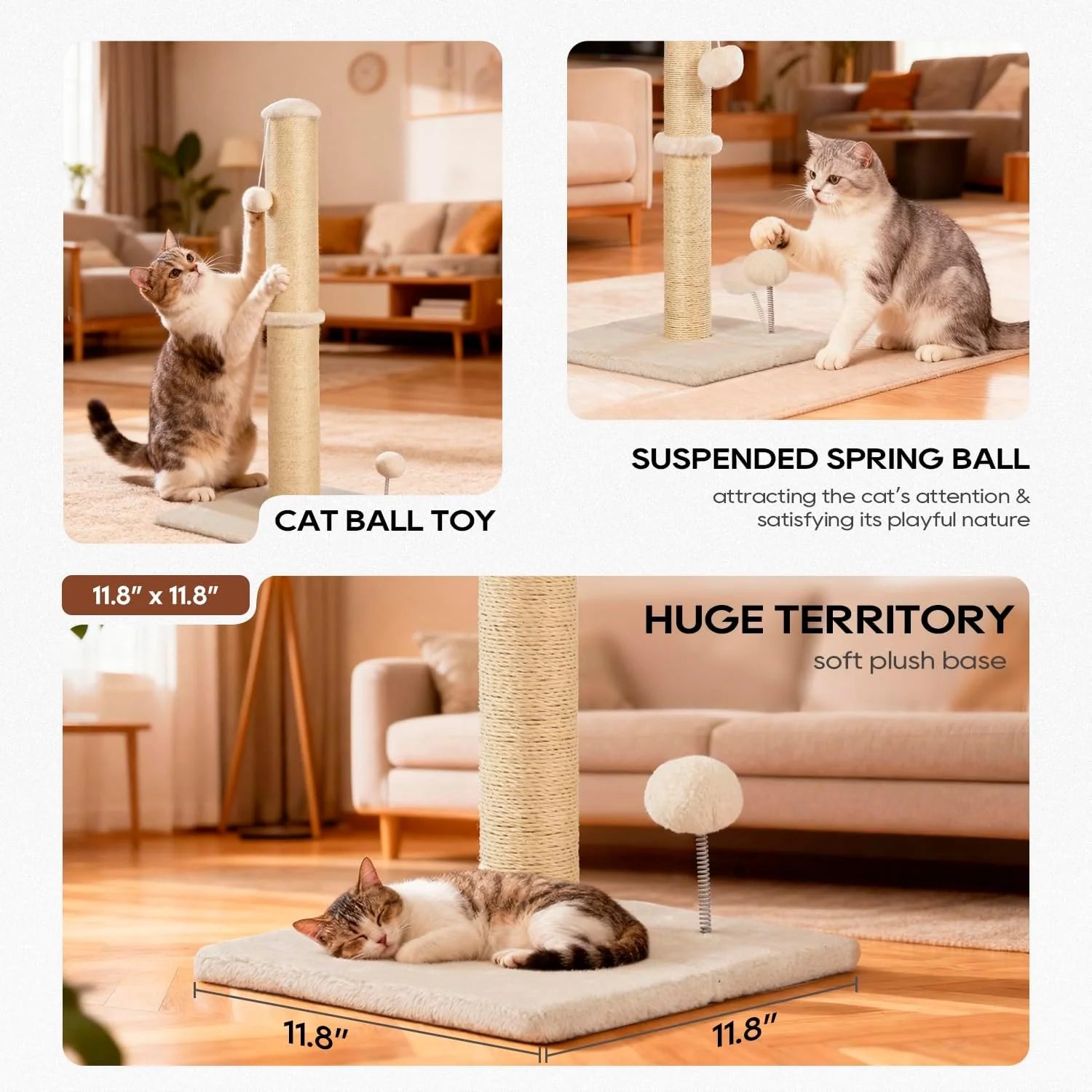 Inch Cat Scratching Post Cat Scratcher Natural Sisal Rope Scratch Post Kitten Trees with Hanging Ball for Indoor Cats,Beige